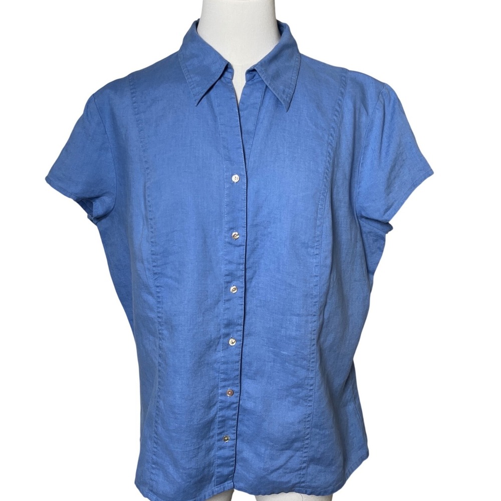 Linen Button Down Shirt Blue Short Sleeve Lightweight Women Size 14 Via Seta